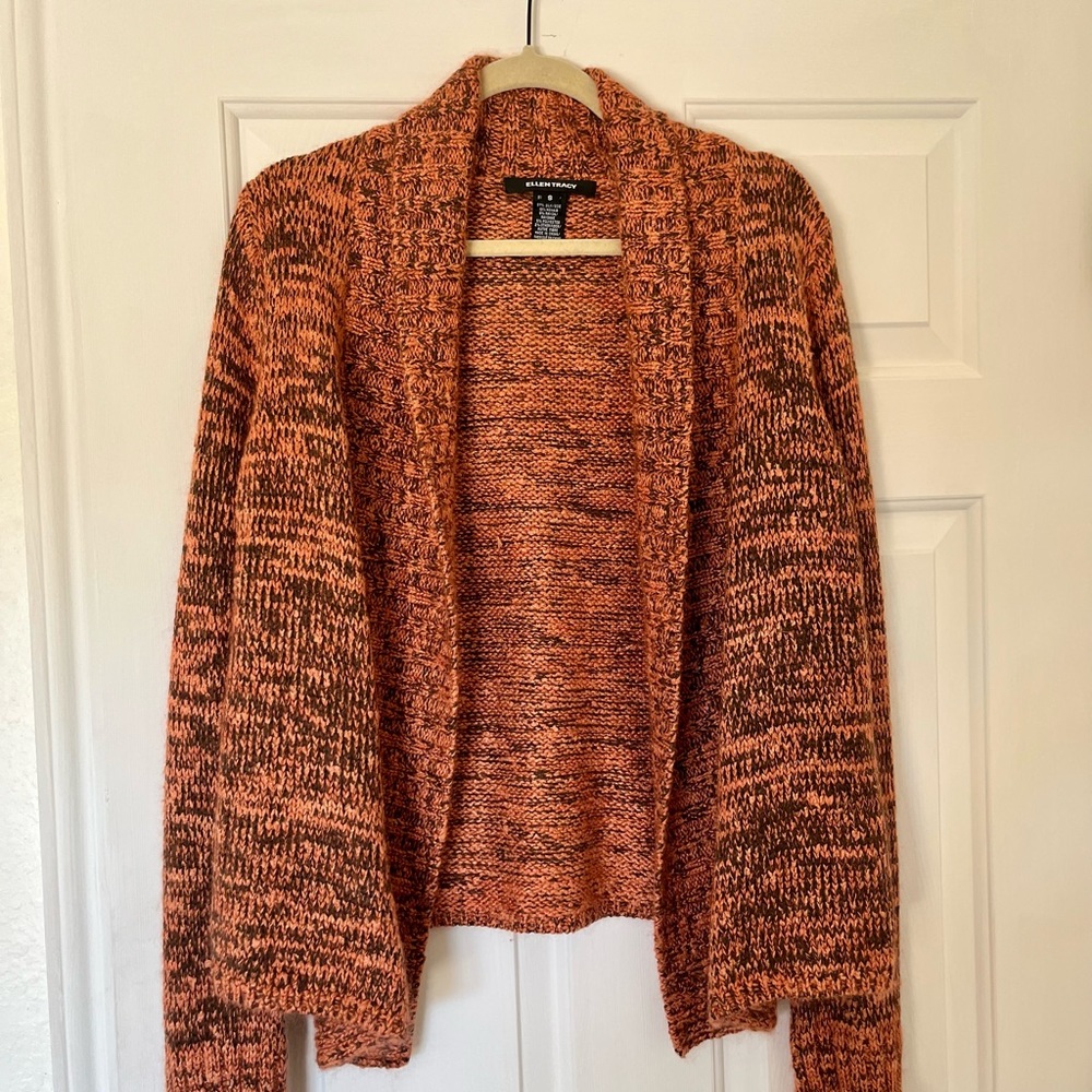 Ellen Tracy orange and brown sweater jacket.